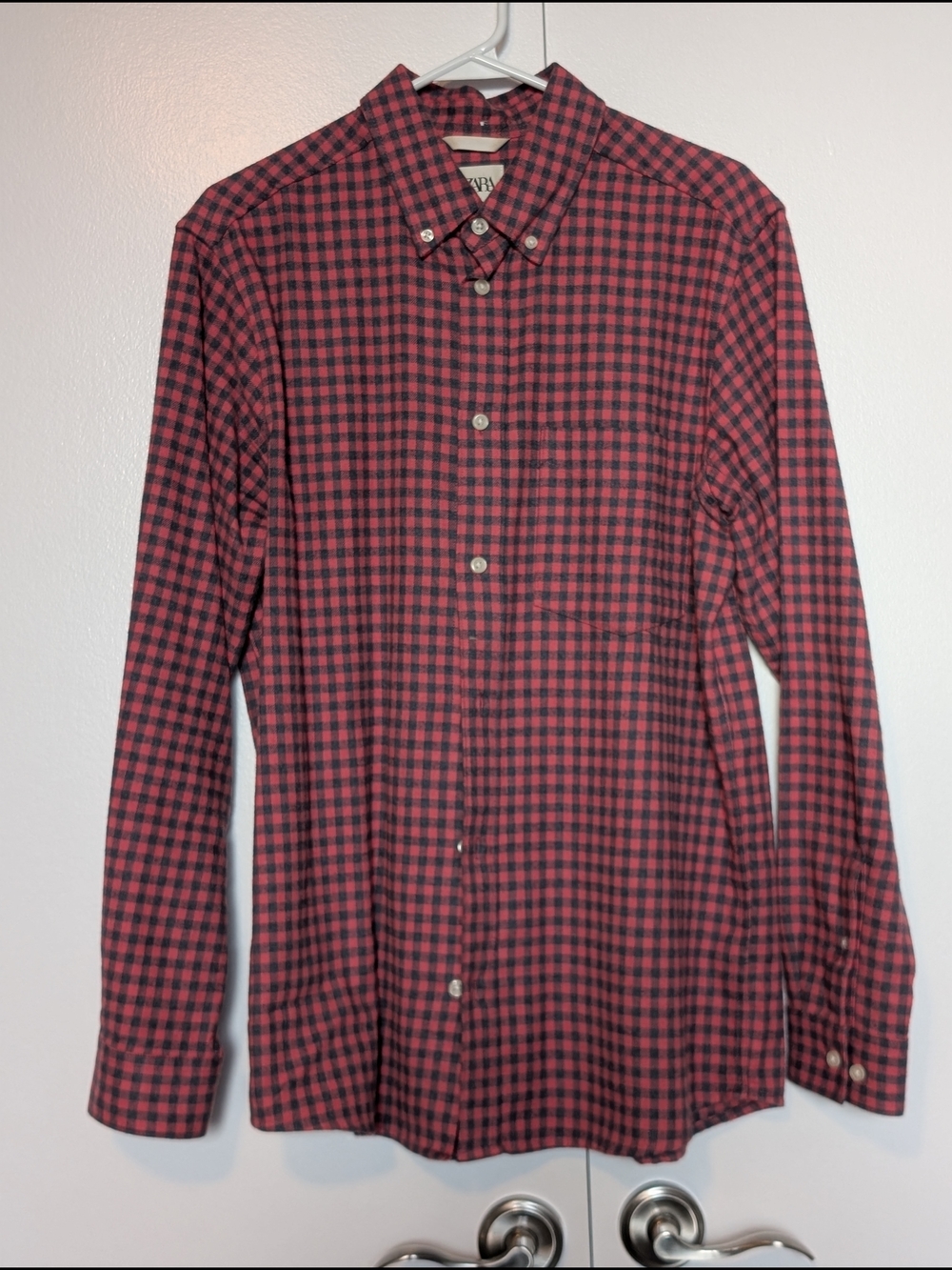 Zara Men's Red and Black Checked Button-Down Shirt